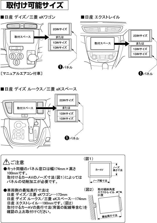 カーオーディオ 取付 キット nkk-n61d 三菱 スズキ 日産 オーディオ 取り付け 金具 200mm窓口付車 2din 日東工業 NKK-N61D | 取付キット適合検索